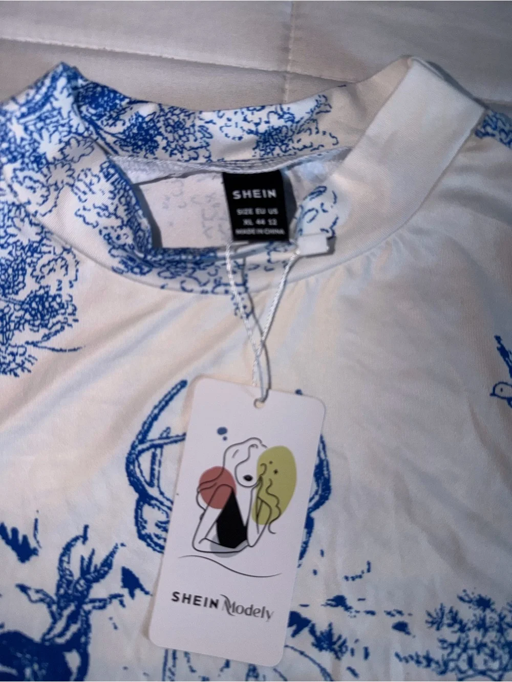 Blue & White Deer Printed Pleated Skirt and Long Sleeve Top Set - XL